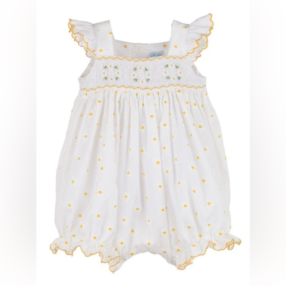 Luli & Me White Baby Girls White Embroidered Yellow Daisies Smocked Bubble